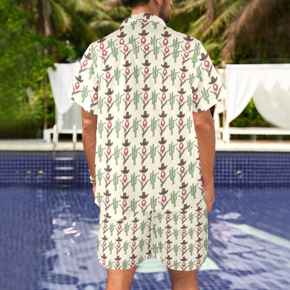 Western Cowboy Print Men's Beach Shirt and Shorts Set