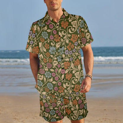 Floral Vintage Print Pattern Men's Beach Shirt and Shorts Set