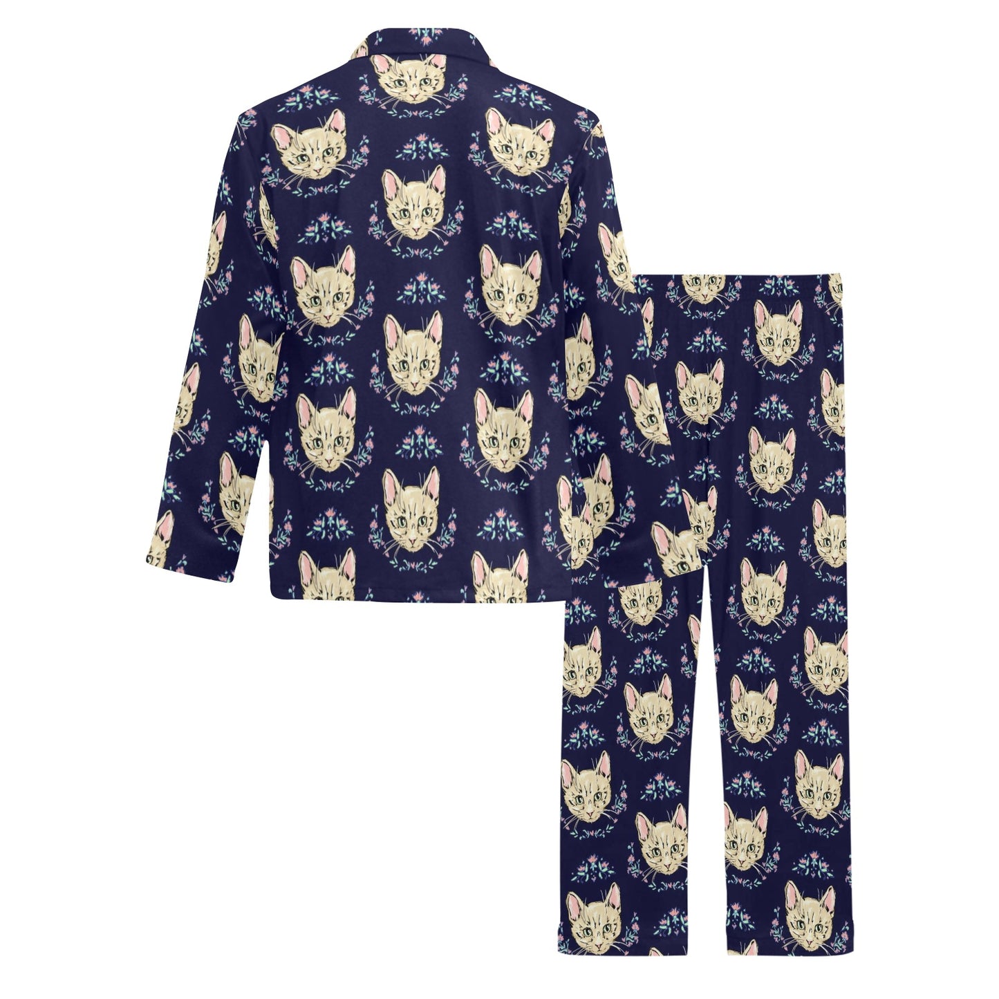 Cat Head with flower Print Pattern Men's Long Pajama Set