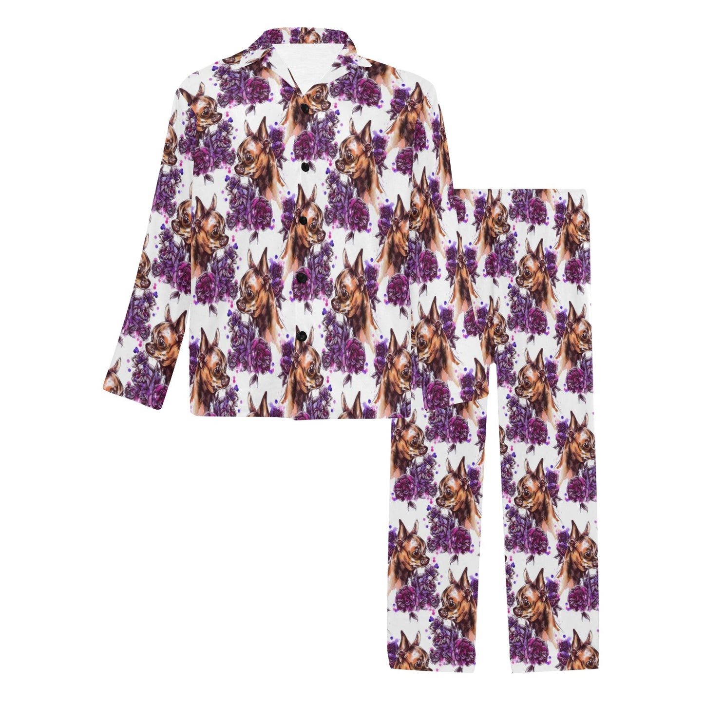 Chihuahua Purple Floral Men's Long Pajama Set