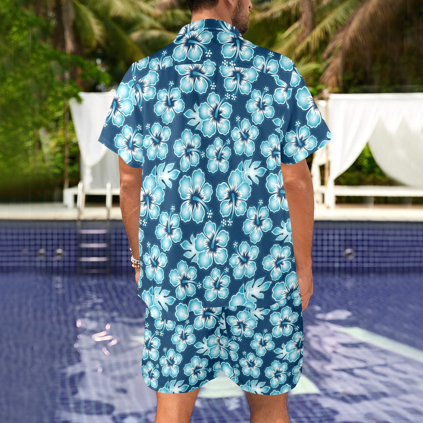 Hibiscus Flower Hawaiian Themed Men's Beach Shirt and Shorts Set