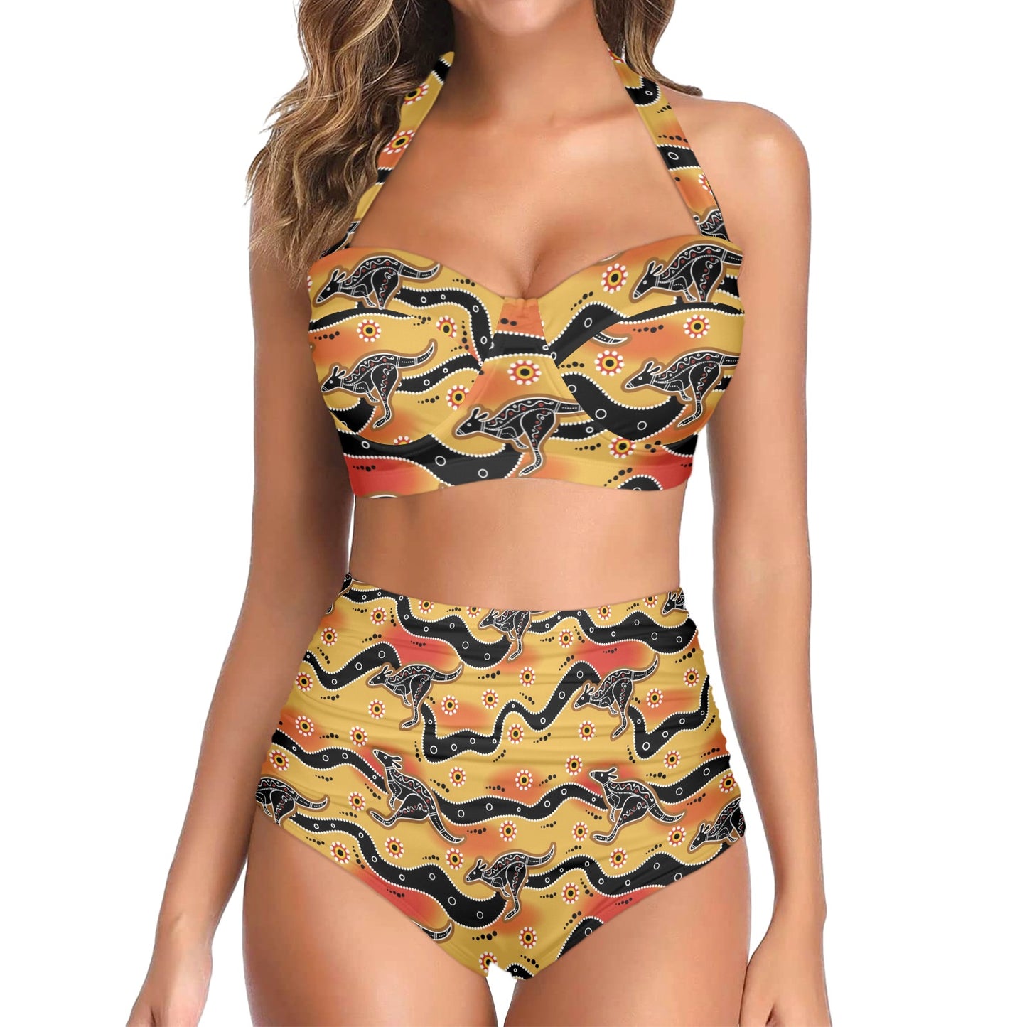Kangaroos Aboriginal Pattern Print Design 06 Halter Neck Bikini Swimsuit