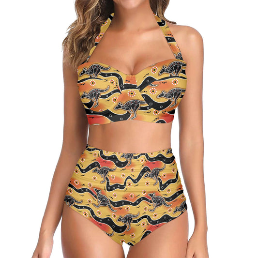 Kangaroos Aboriginal Pattern Print Design 06 Halter Neck Bikini Swimsuit