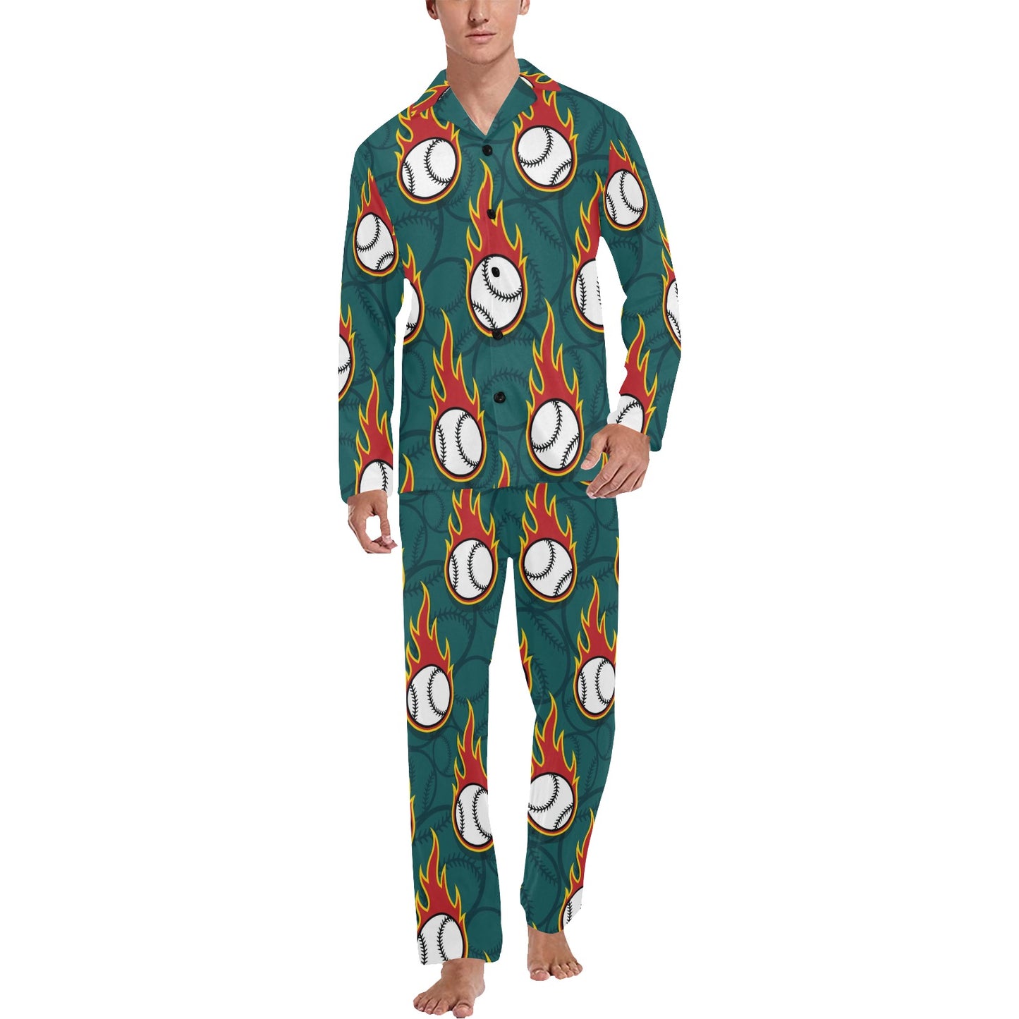 Baseball Fire Print Pattern Men's Long Pajama Set