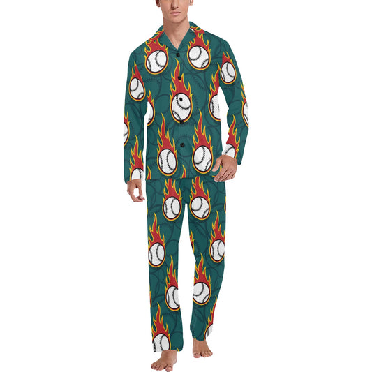 Baseball Fire Print Pattern Men's Long Pajama Set