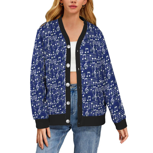 Music Note Blue Themed Print Women's Cardigan