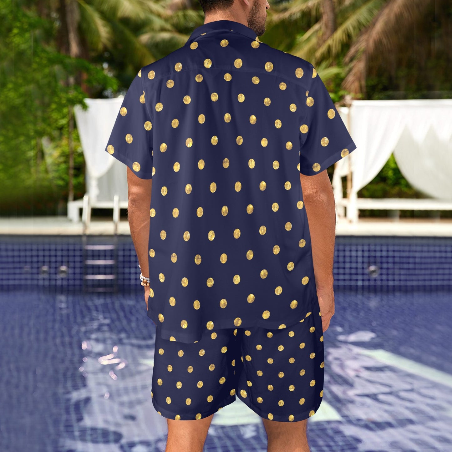 Polka Dot Gold Blue Pattern Print Design 02 Men's Beach Shirt and Shorts Set