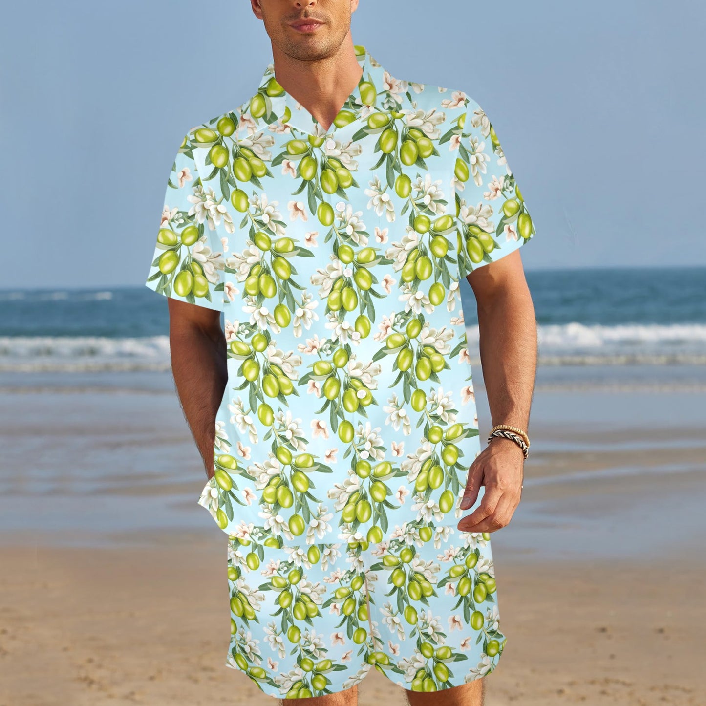 Elegant Olive Floral Print Men's Beach Shirt and Shorts Set