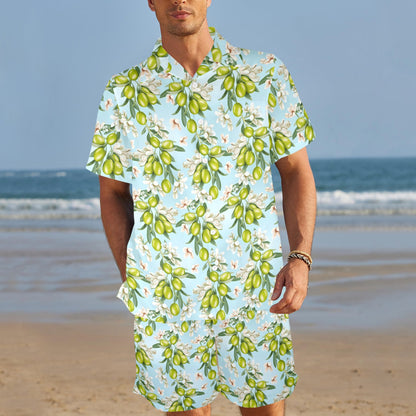 Elegant Olive Floral Print Men's Beach Shirt and Shorts Set