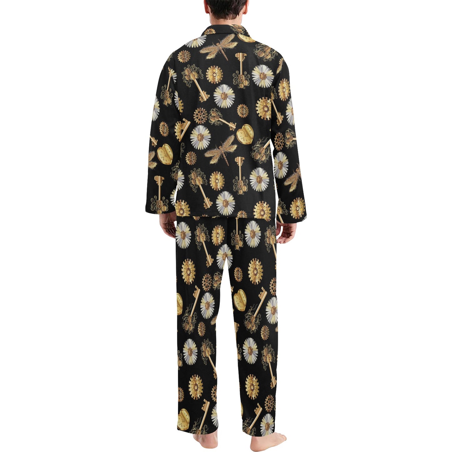 Steampunk Key Dragonfly Print Design LKS303 Men's Long Pajama Set
