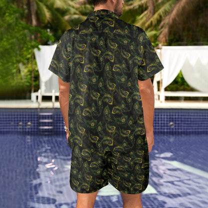 Peacock Feather Pattern Design Print Men's Beach Shirt and Shorts Set