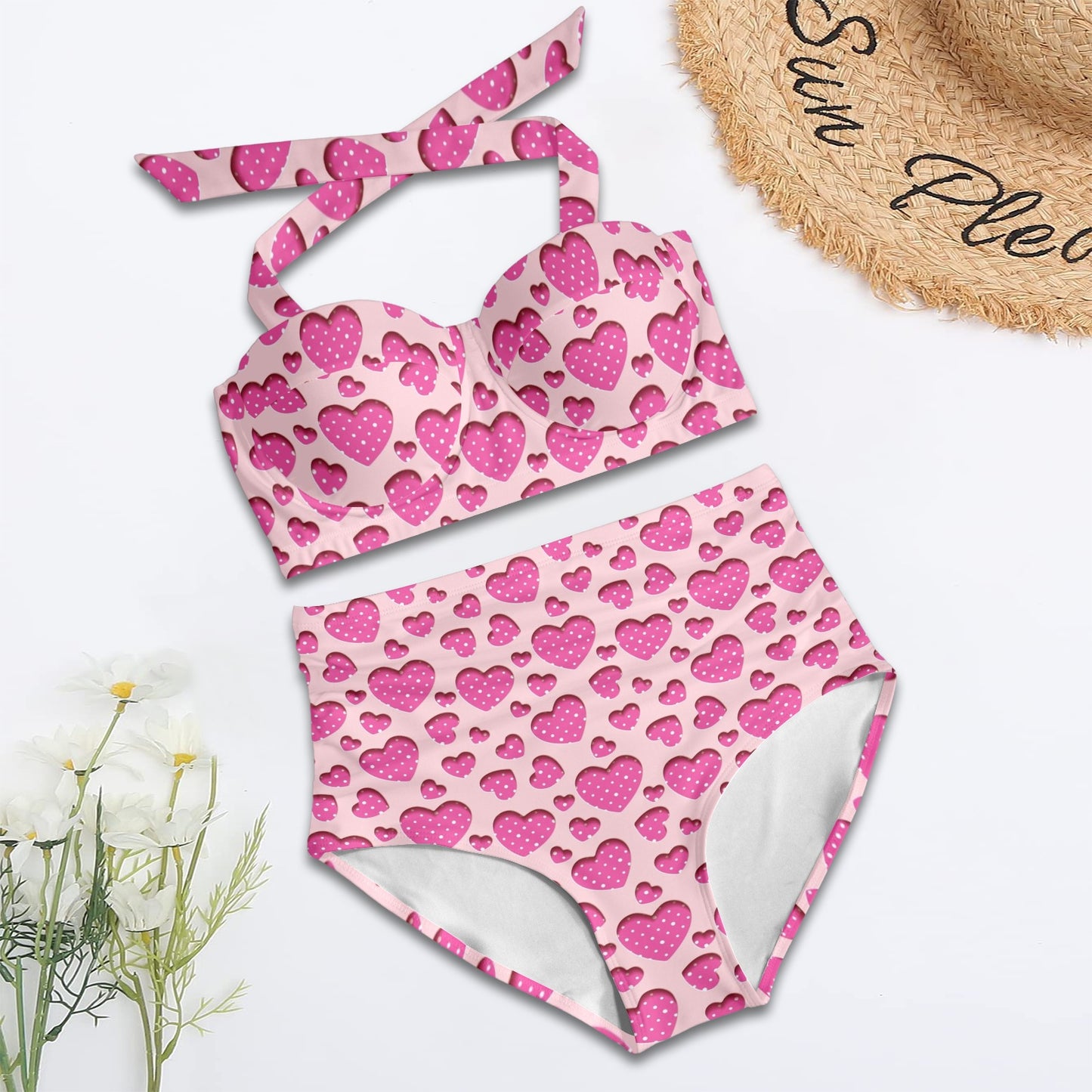 Heart Pink Pattern Print Design HE06 Halter Neck Bikini Swimsuit