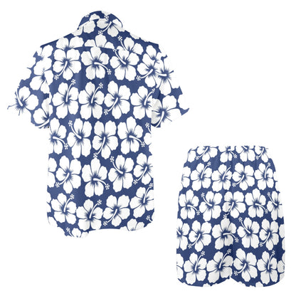 Hibiscus Blue Hawaiian Flower Pattern Men's Beach Shirt and Shorts Set