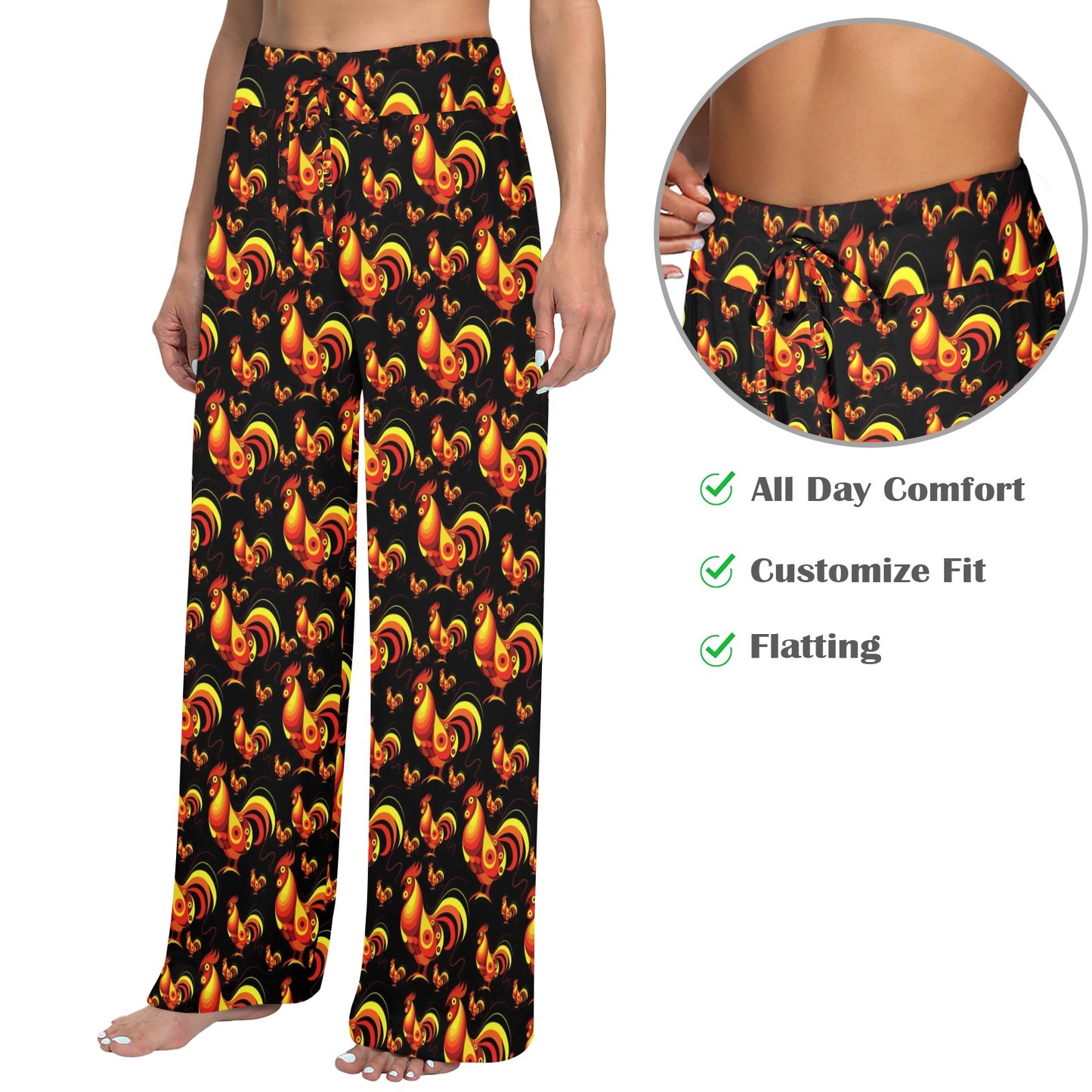 Rooster Print Themed Women's Wide Leg Lounge Pants