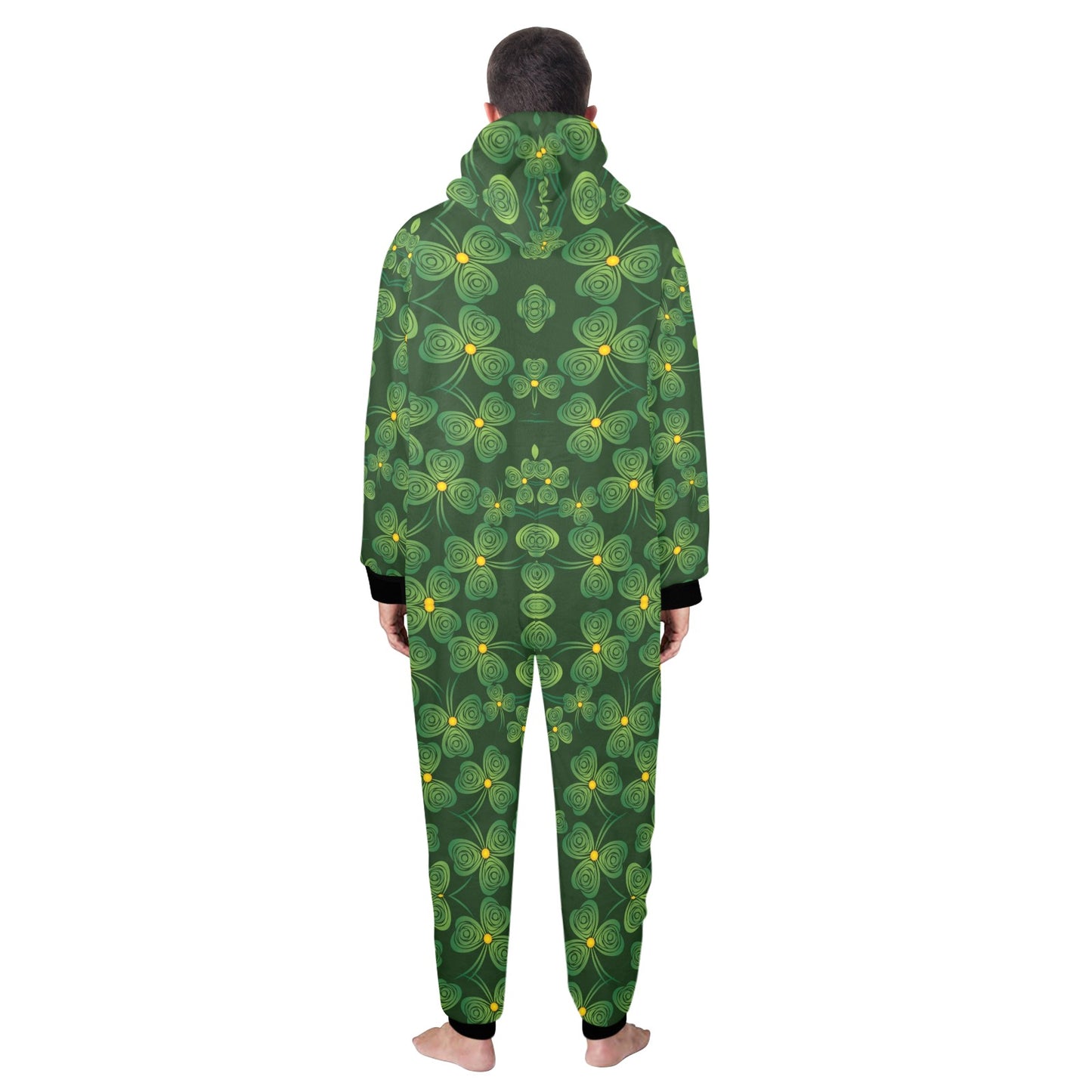 Shamrock Pattern Hooded Fleece Onesie Pajama Jumpsuit