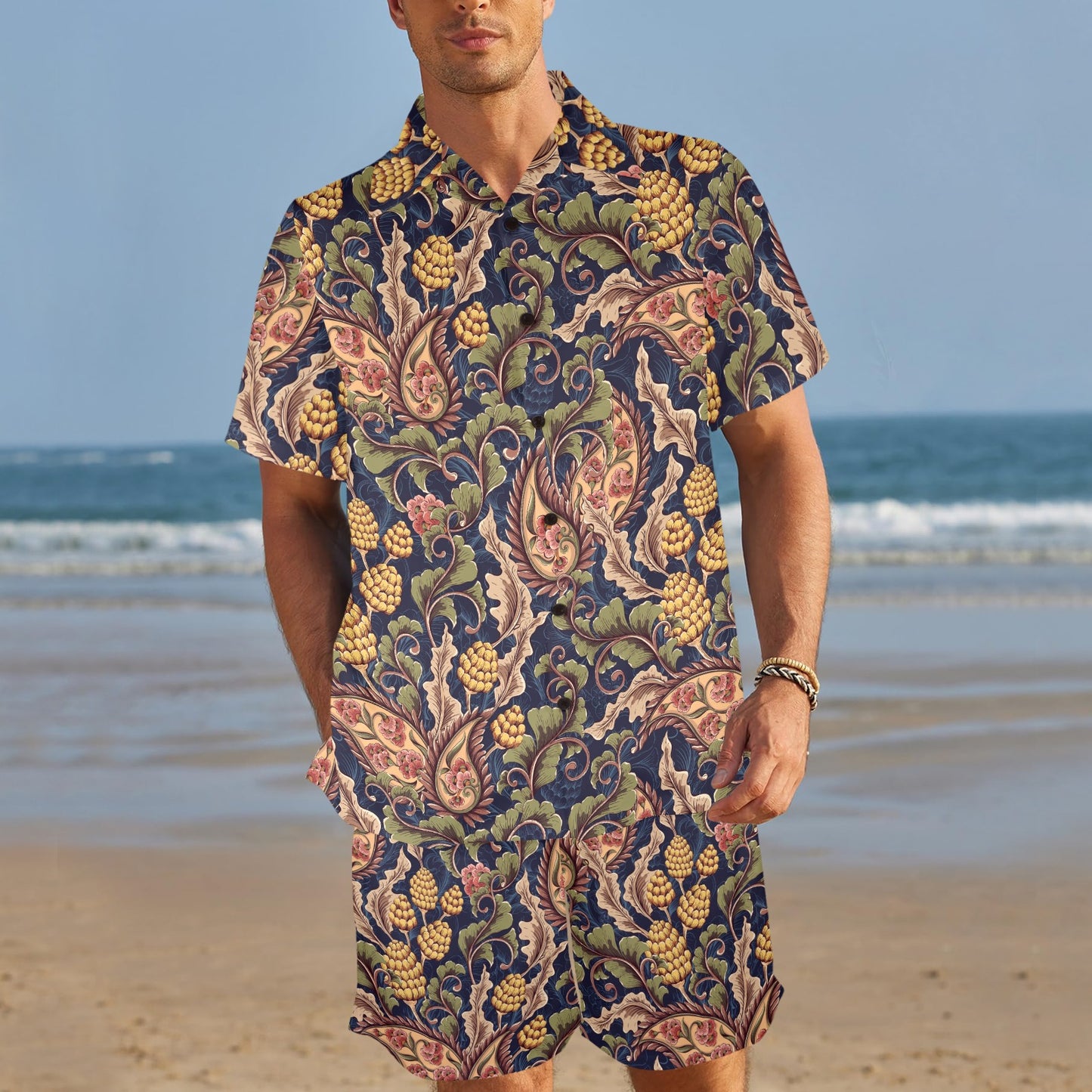 Floral Vintage Classic Print Men's Beach Shirt and Shorts Set