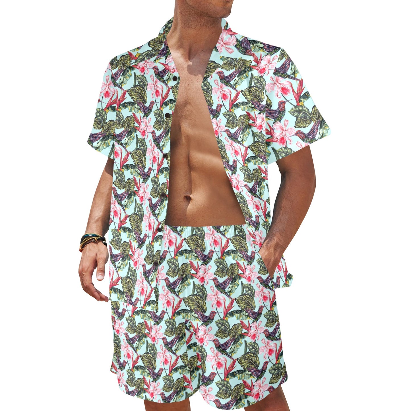 Hummingbird Cute Themed Print Men's Beach Shirt and Shorts Set