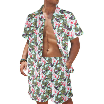 Hummingbird Cute Themed Print Men's Beach Shirt and Shorts Set