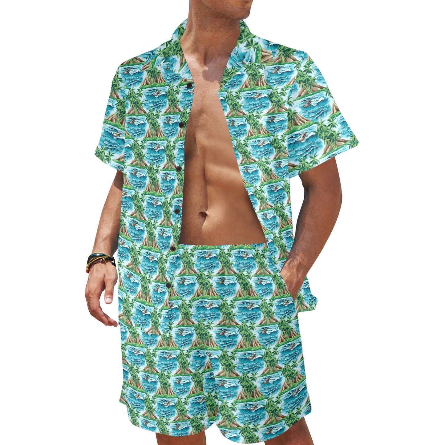 Palm Tree Hawaiian Themed Design Print Men's Beach Shirt and Shorts Set