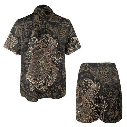 Polynesian Sea Turtle Hawaiian Mandala Men's Beach Shirt and Shorts Set