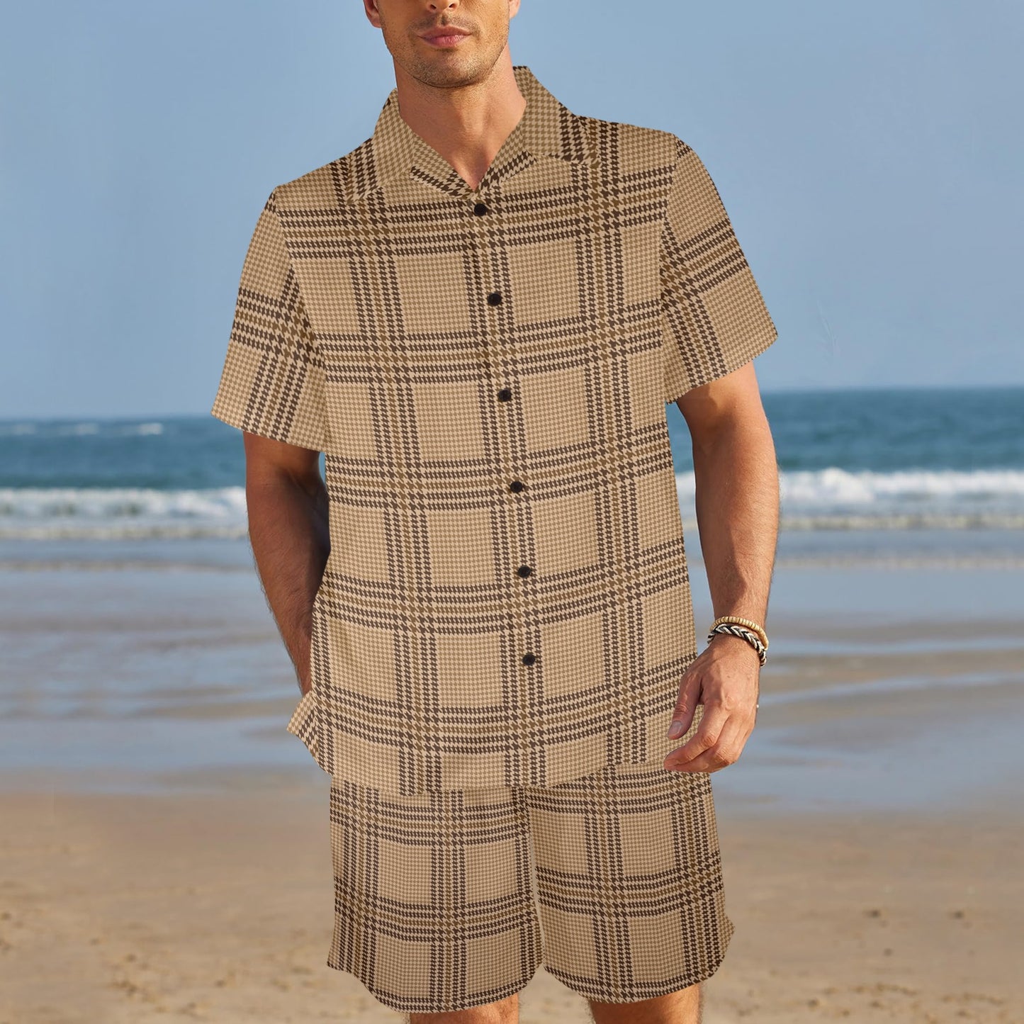 Houndstooth Brown Pattern Print Design 04 Men's Beach Shirt and Shorts Set