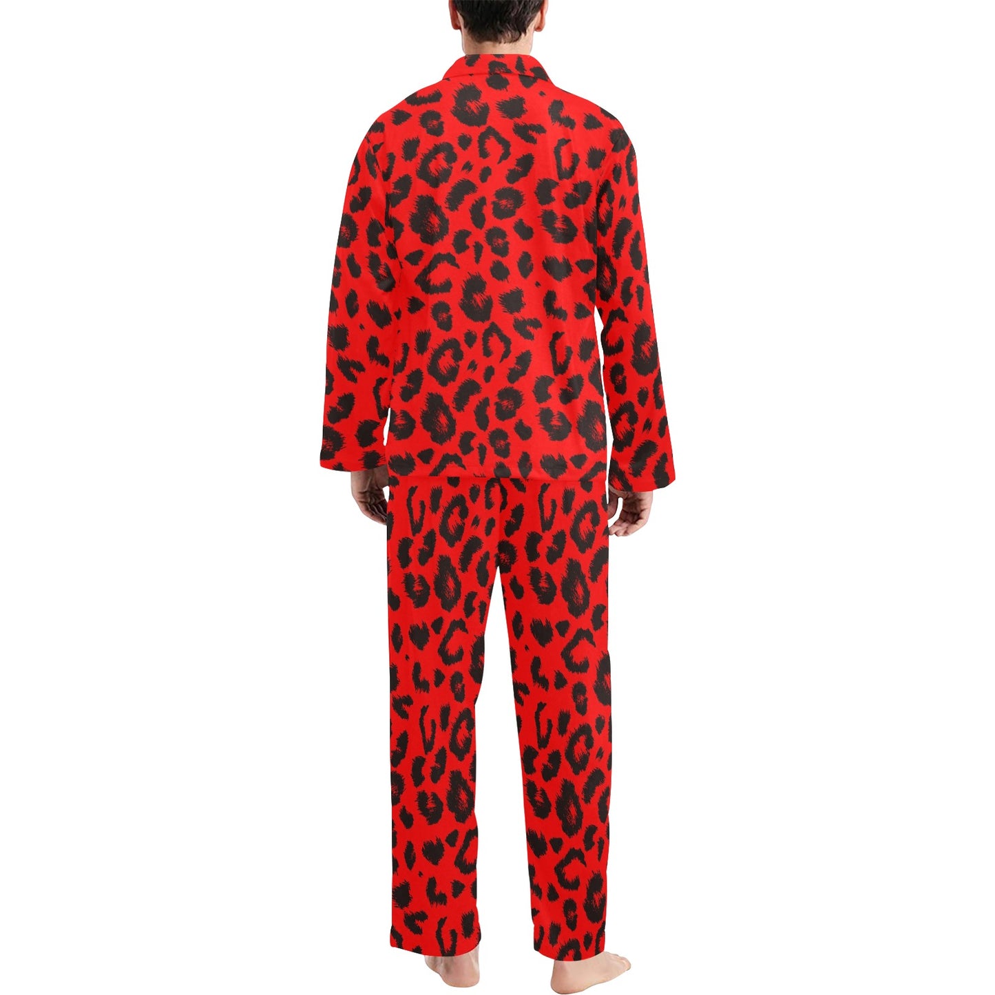Leopard Red Skin Print Men's Long Pajama Set