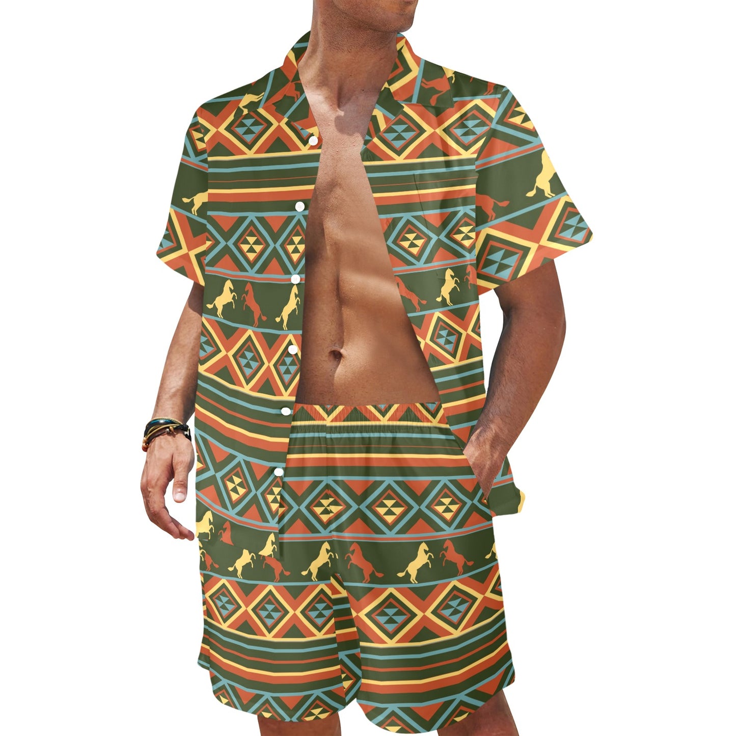 Horse Western Pattern Men's Beach Shirt and Shorts Set