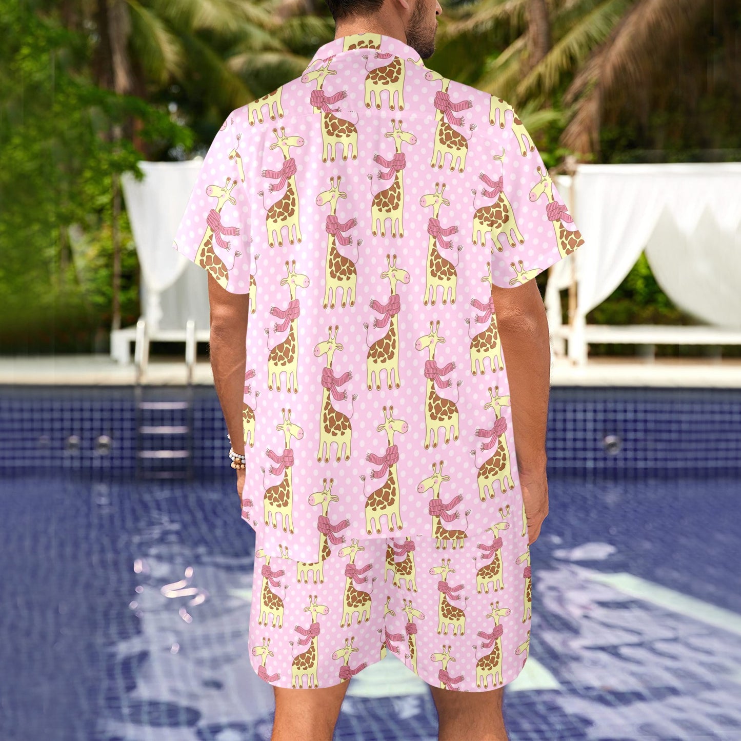 Giraffe Cute Pink Polka Dot Print Men's Beach Shirt and Shorts Set