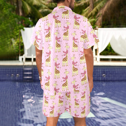 Giraffe Cute Pink Polka Dot Print Men's Beach Shirt and Shorts Set