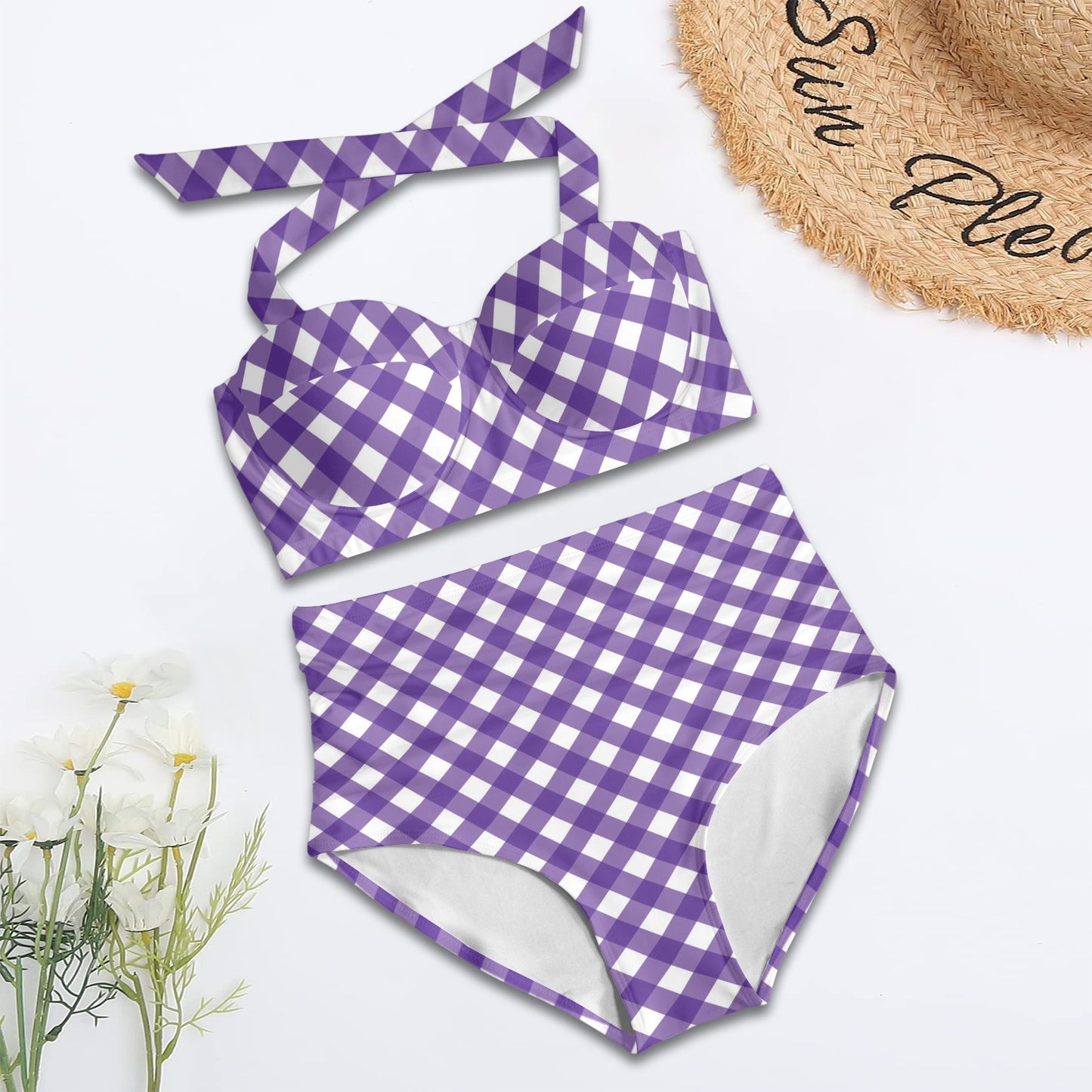 Gingham Purple Pattern Print Design 03 Halter Neck Bikini Swimsuit