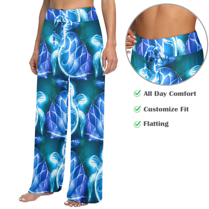 Blue Neon Sea Turtle Print Women's Wide Leg Lounge Pants