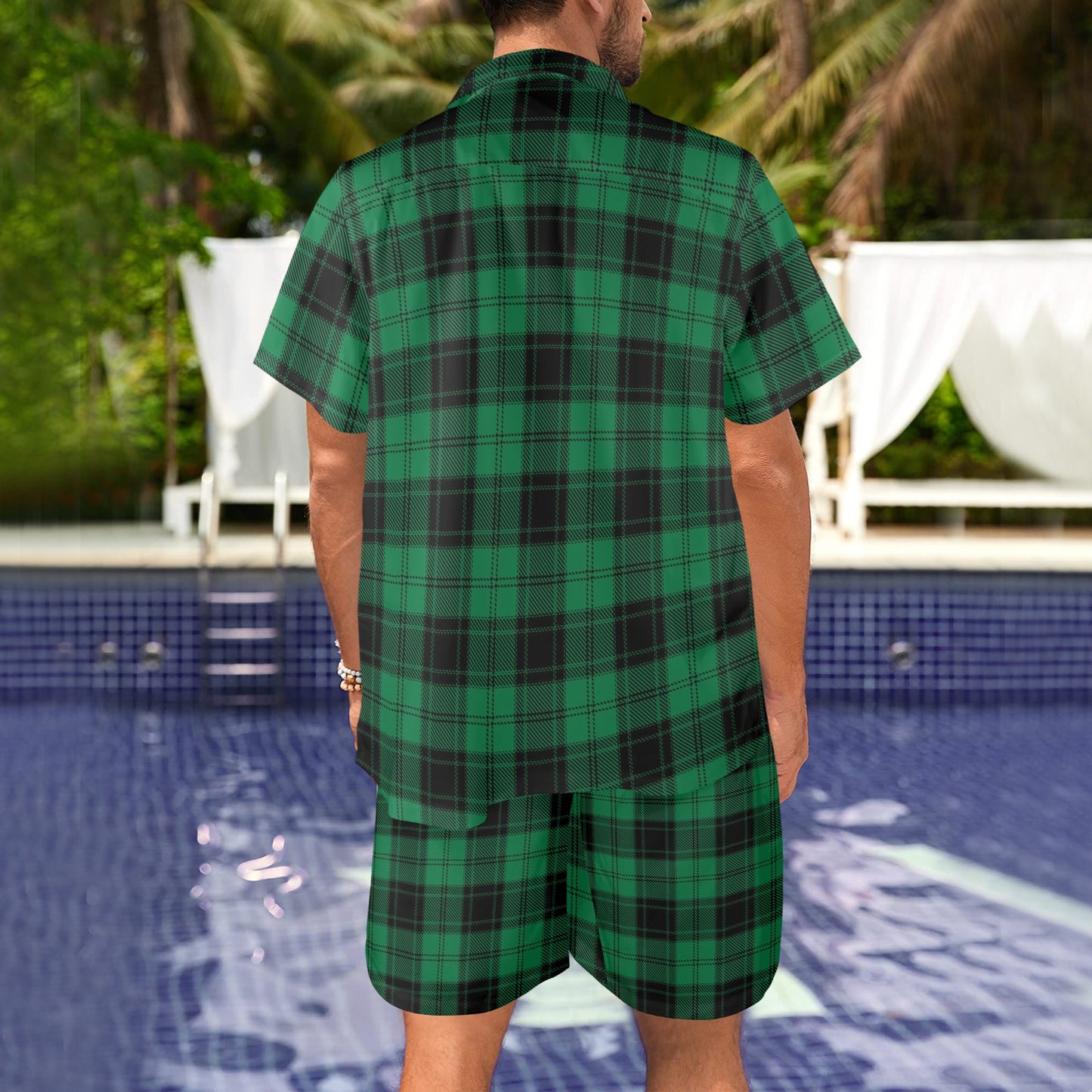 Tartan Green Print Design LKS302 Men's Beach Shirt and Shorts Set