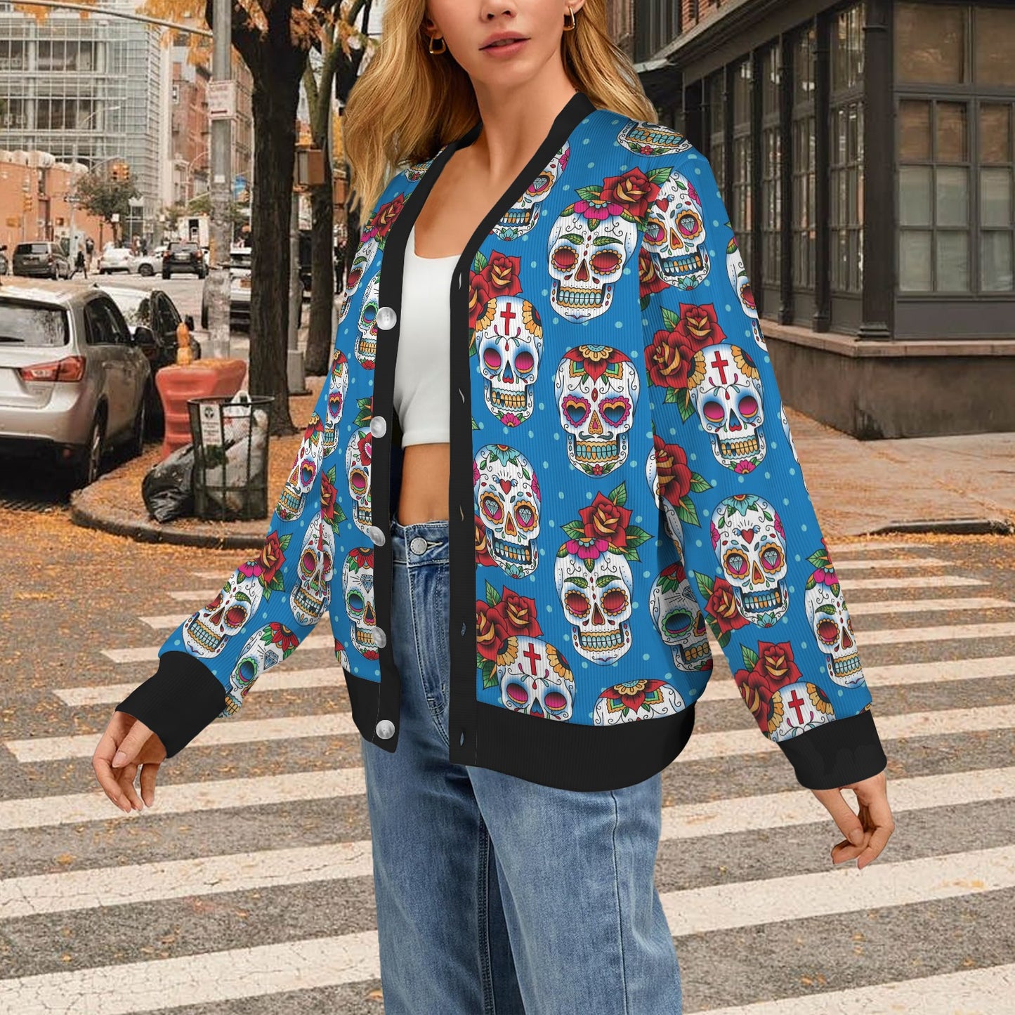 Sugar Skull Rose Pattern Women's Cardigan