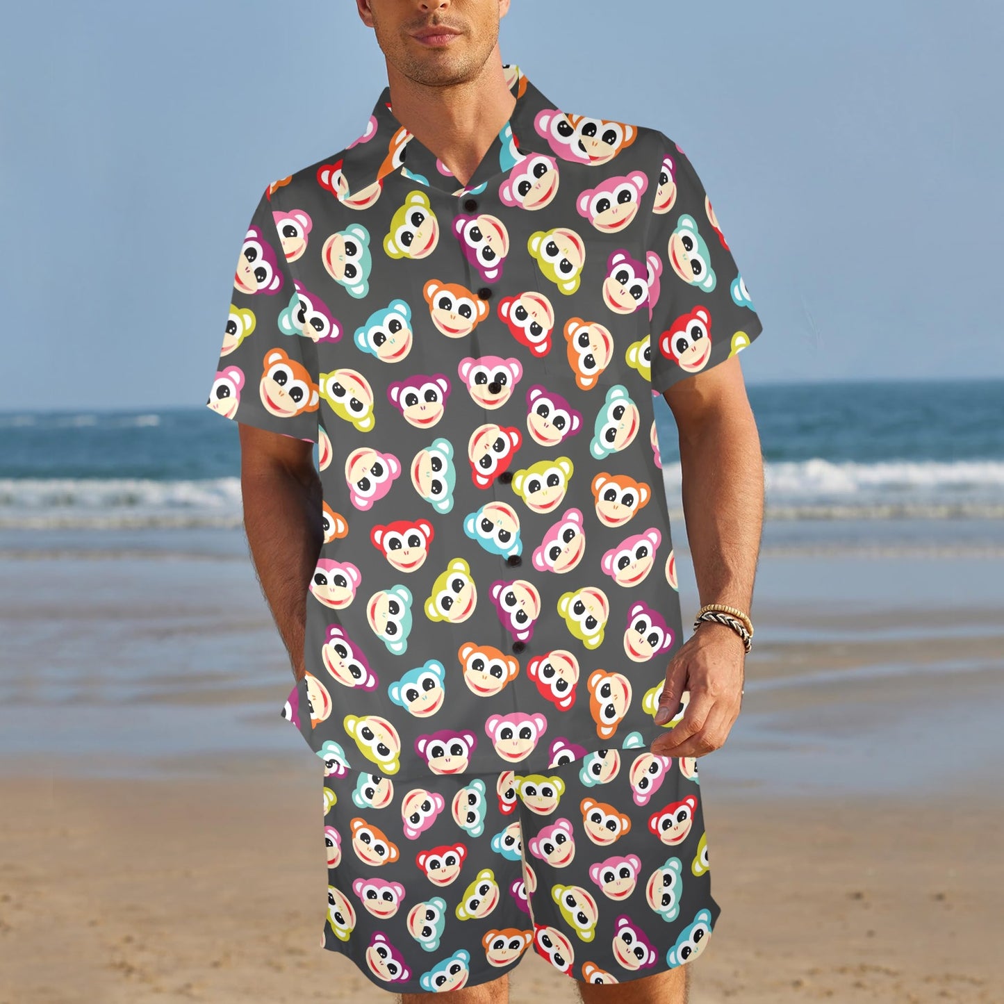 Monkey Head Design Themed Print Men's Beach Shirt and Shorts Set