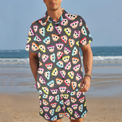 Monkey Head Design Themed Print Men's Beach Shirt and Shorts Set