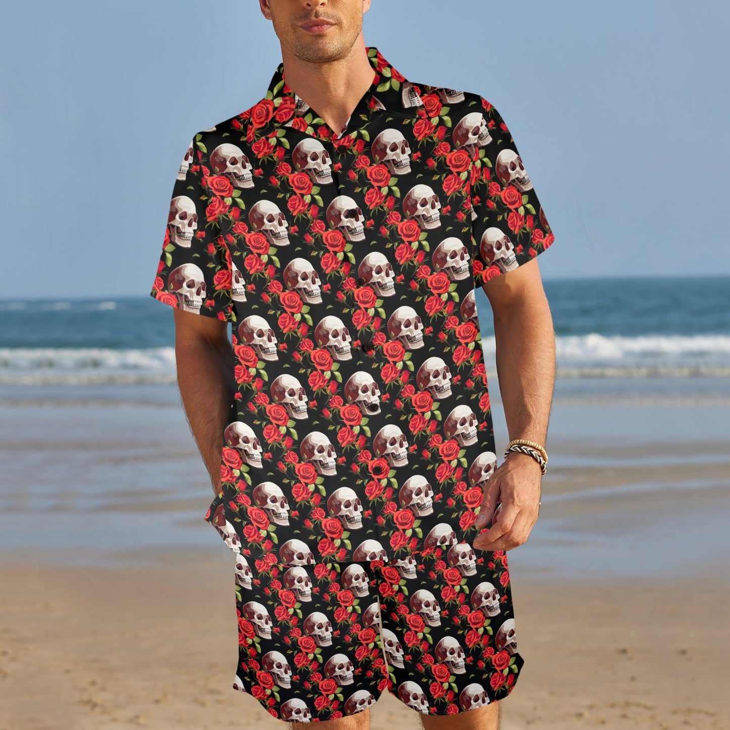 Red Rose Skull Design Print Men's Beach Shirt and Shorts Set