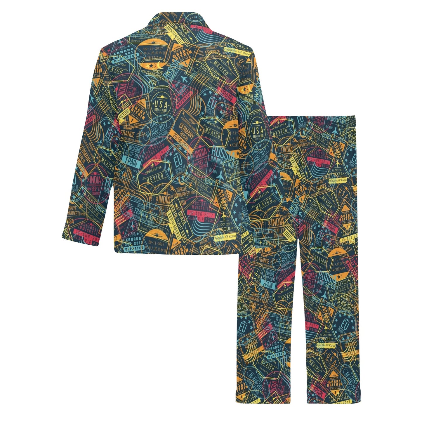 Travel Stamp Colorful Print Design LKS304 Men's Long Pajama Set