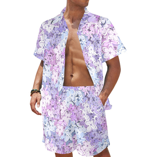 Lilac Pattern Print Design LI01 Men's Beach Shirt and Shorts Set