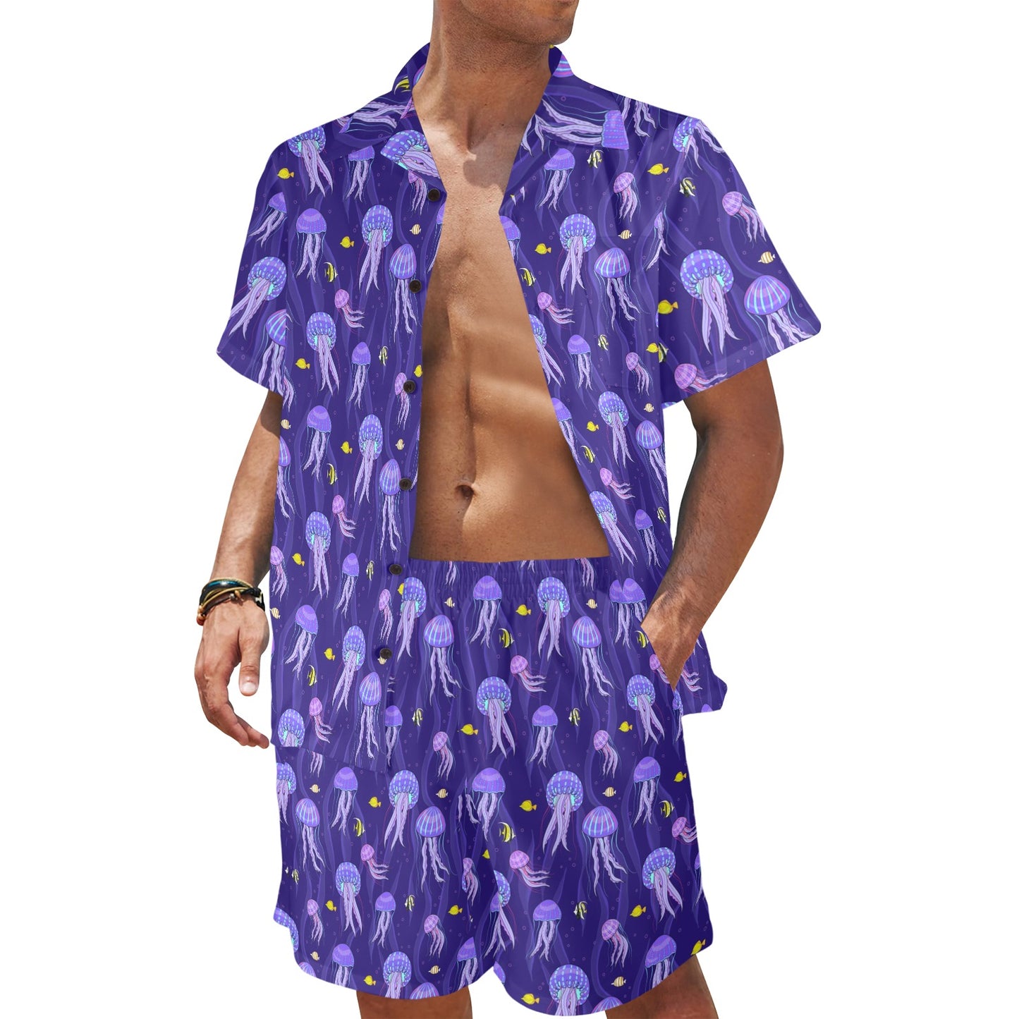 Jellyfish Style Print Men's Beach Shirt and Shorts Set