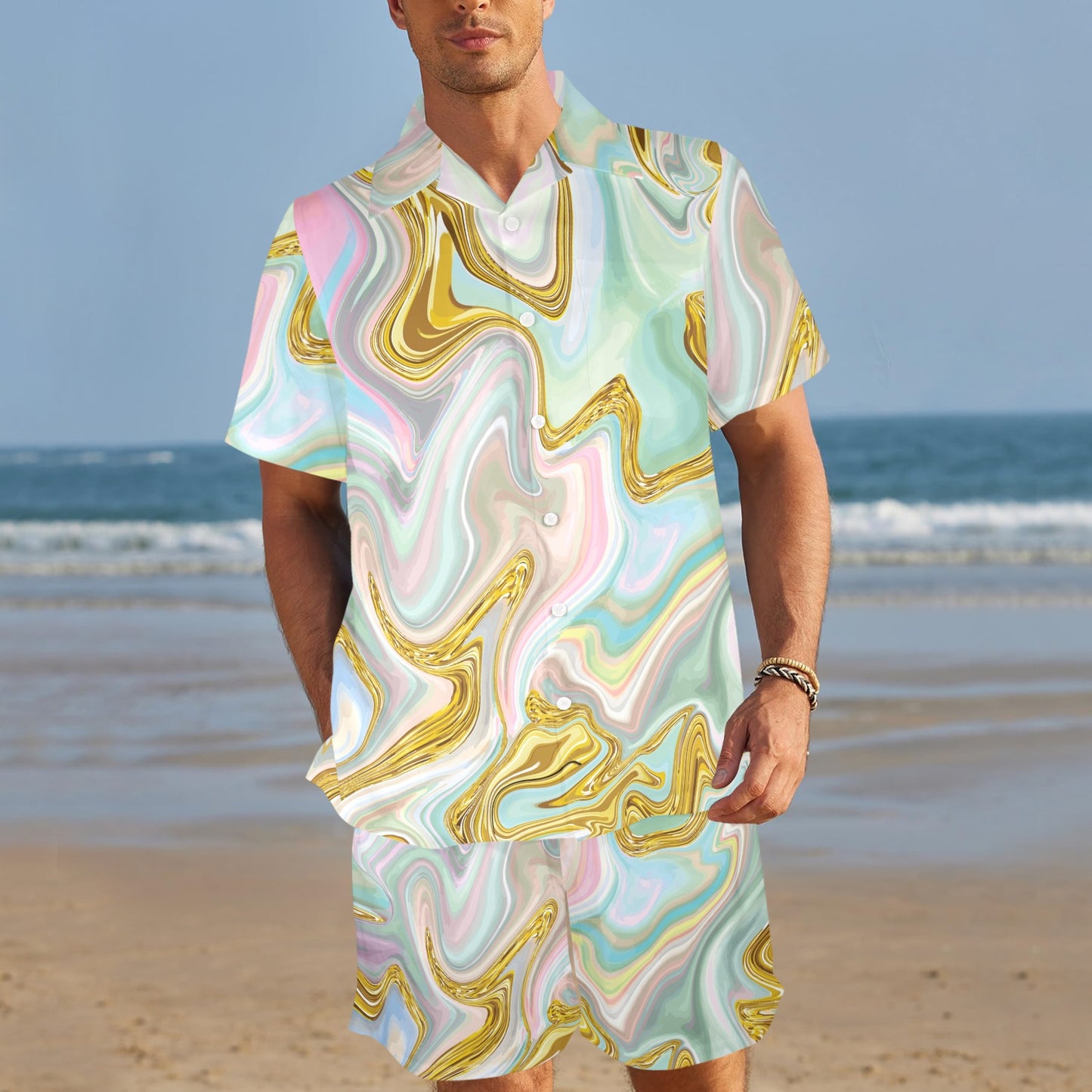 Gold Sweet Marble Men's Beach Shirt and Shorts Set