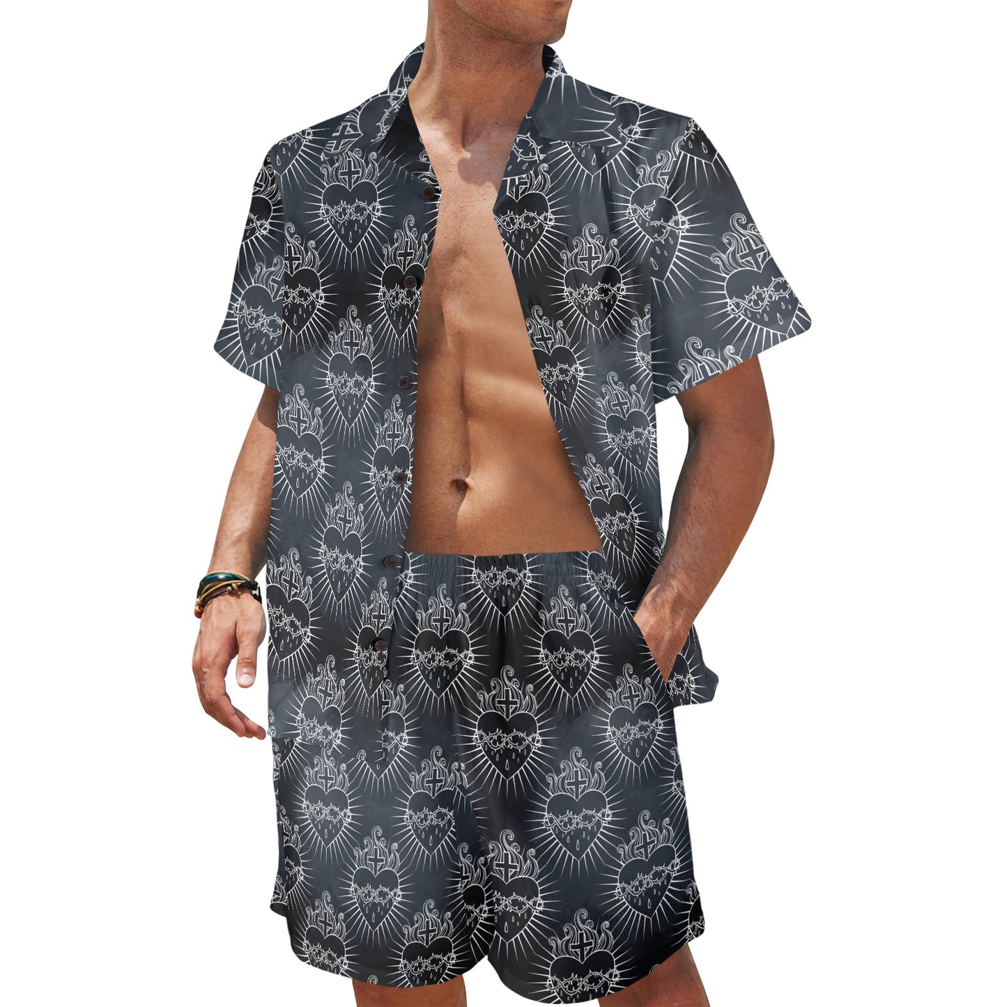 Christian Heart Tattoo Style Men's Beach Shirt and Shorts Set