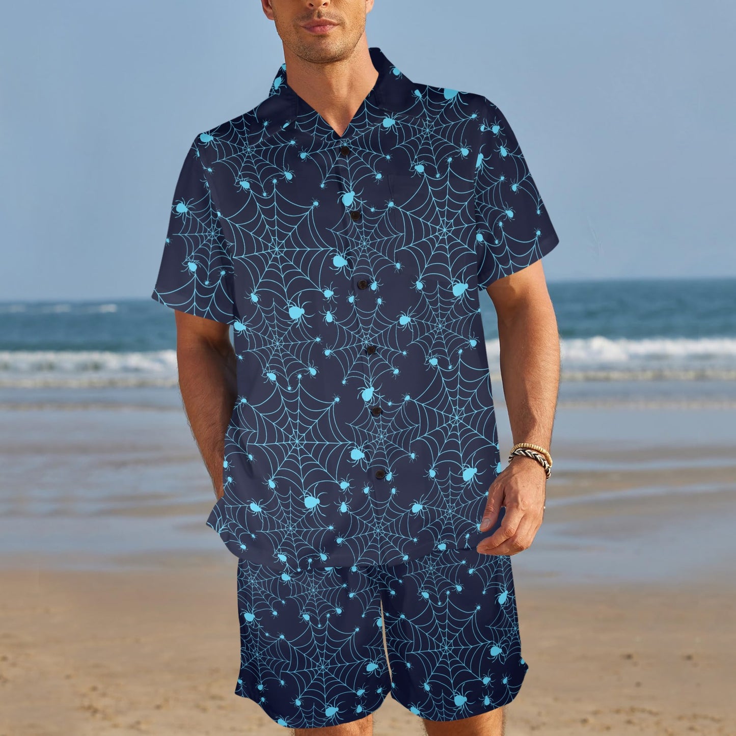 Spider Web Blue Print Design LKS304 Men's Beach Shirt and Shorts Set
