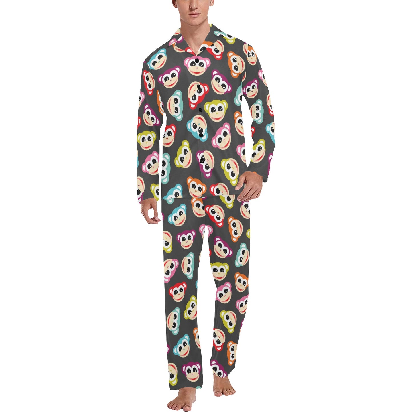Monkey Head Design Themed Print Men's Long Pajama Set