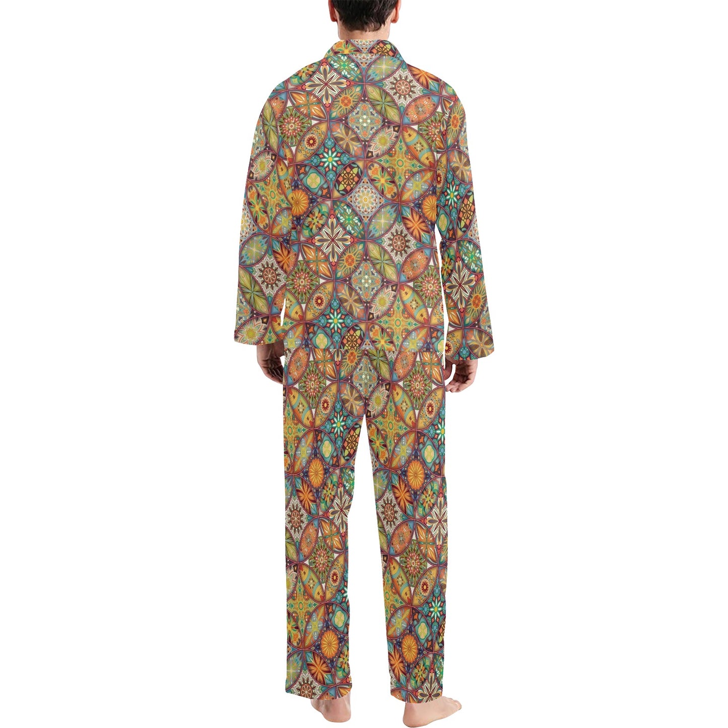 Mandala Flower Themed Design Print Men's Long Pajama Set