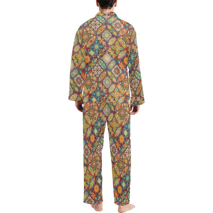Mandala Flower Themed Design Print Men's Long Pajama Set