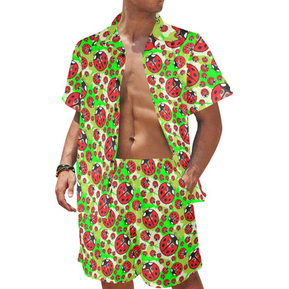 Ladybug with Leaf Print Pattern Men's Beach Shirt and Shorts Set