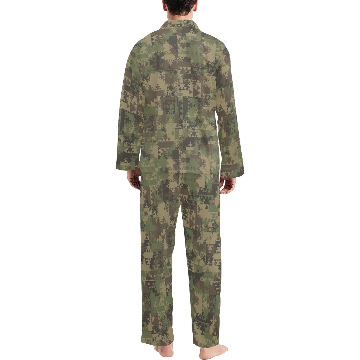 Camouflage Aztec Green Army Print Men's Long Pajama Set
