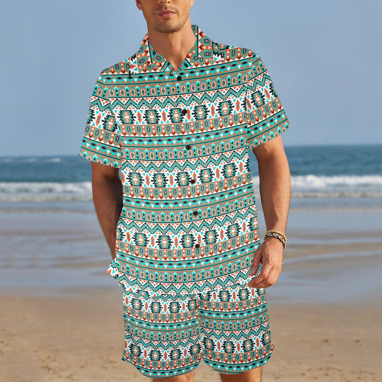 Indian Navajo Ethnic Themed Design Print Men's Beach Shirt and Shorts Set