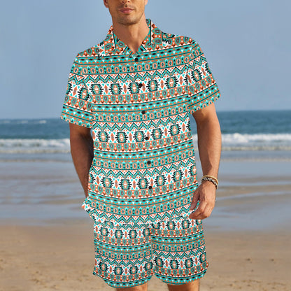 Indian Navajo Ethnic Themed Design Print Men's Beach Shirt and Shorts Set