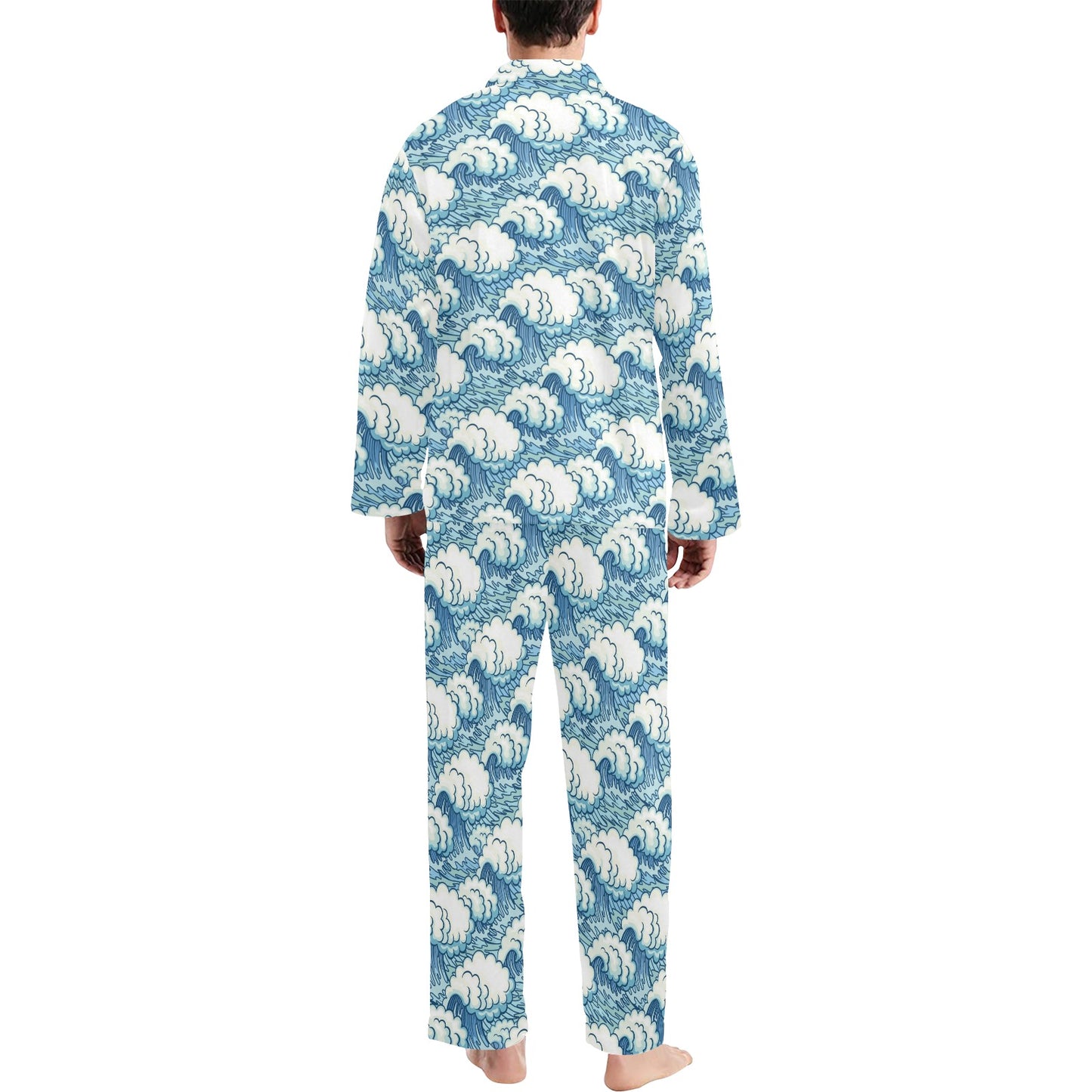 Wave Japan Style Print Design LKS304 Men's Long Pajama Set